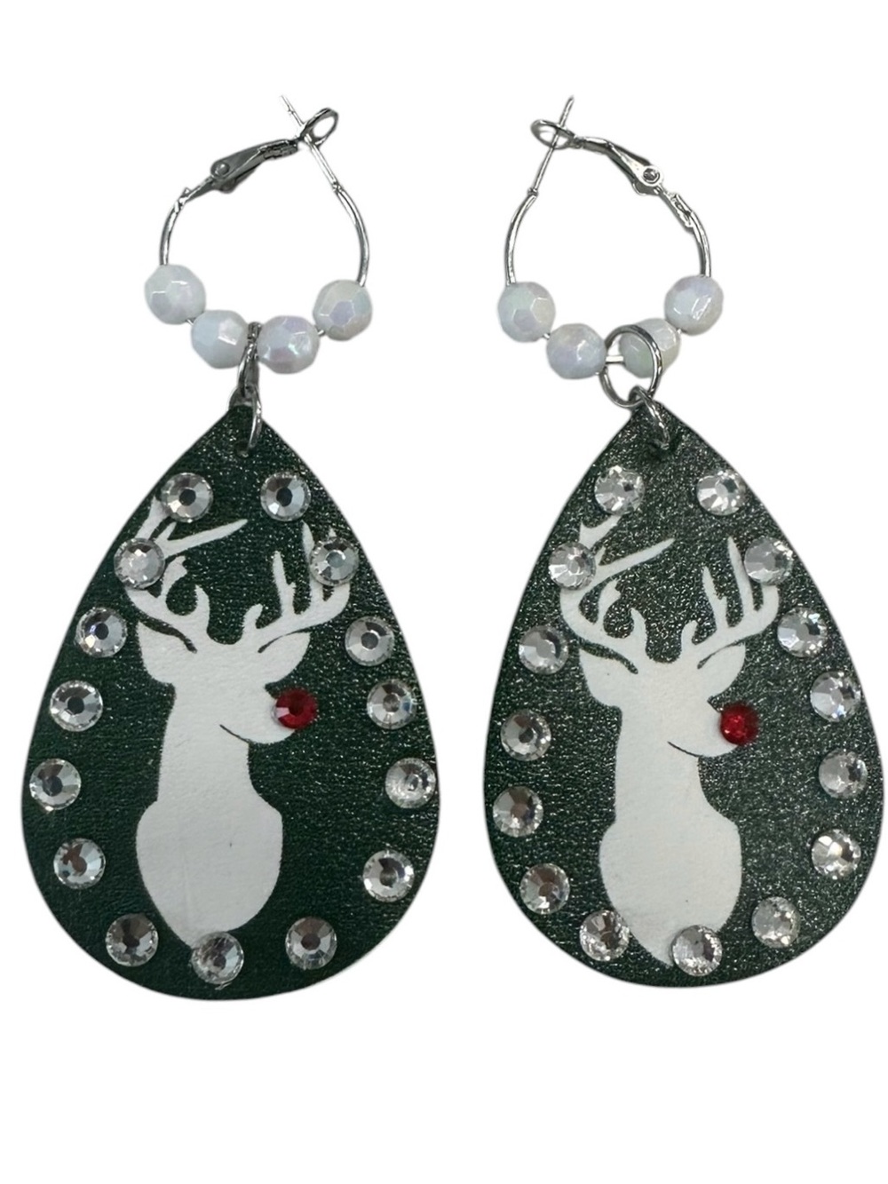 Haus of Lenora: Green Rudolph Deer Teardrop Rhinestone Earrings